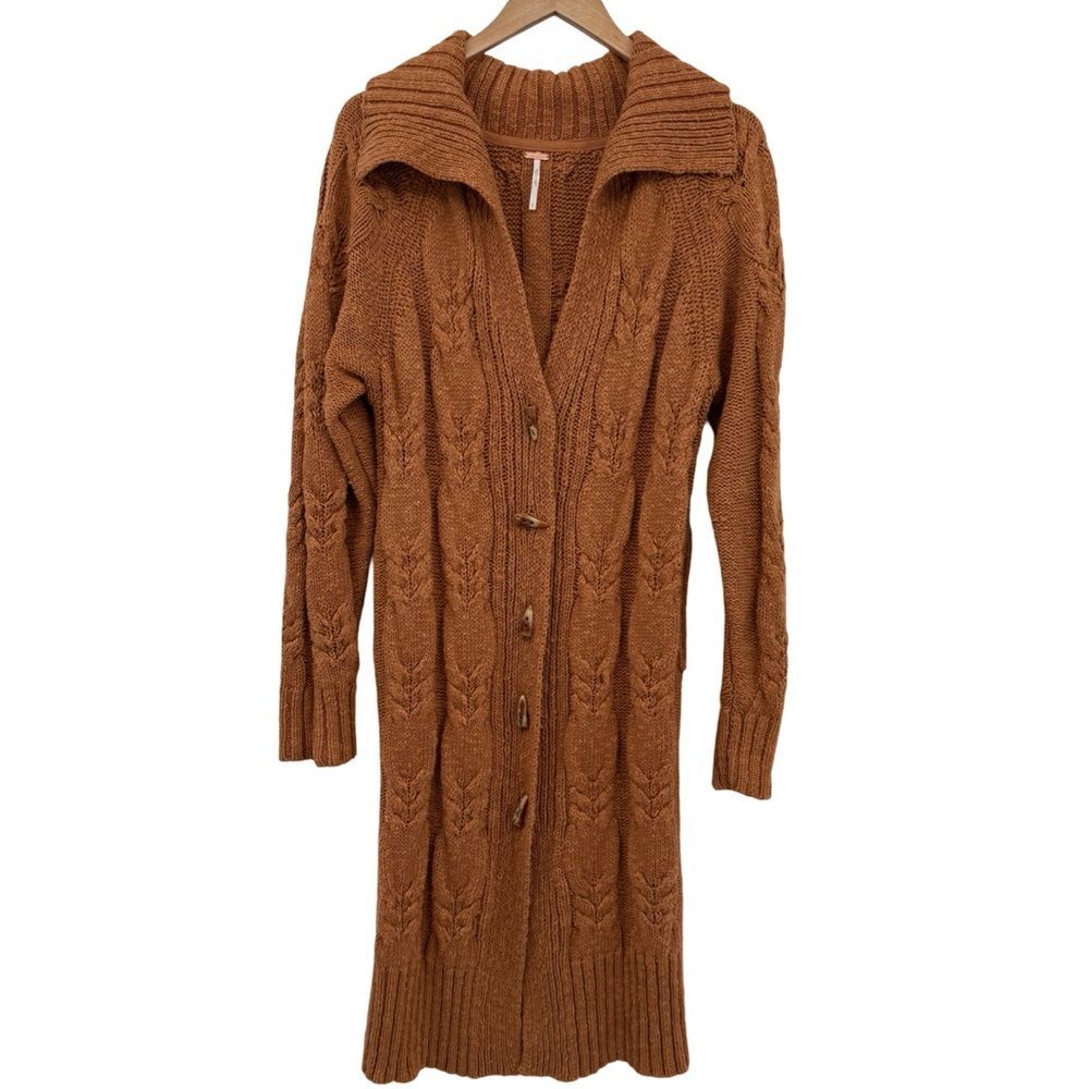 Free People Cable Knit Long Sweater Coat Cardigan in Camel Brown | Large